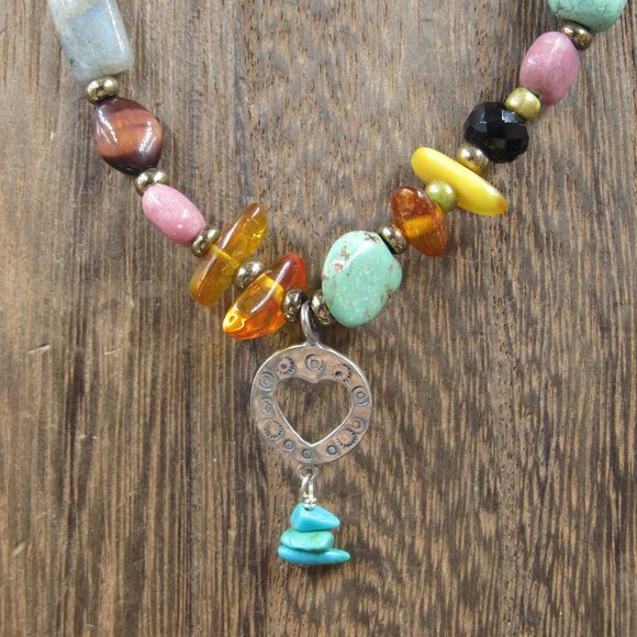 Jewelry - 18" Sterling Silver Various Stones Heart Necklace Vintage